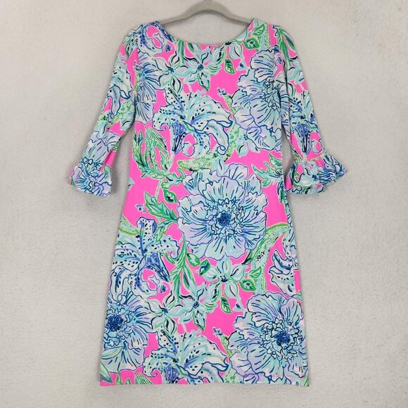 Lilly Pulitzer Dress Women Small Blue Pink Floral Sophie Ruffle Shift 3/4 Sleeve - Picture 10 of 11